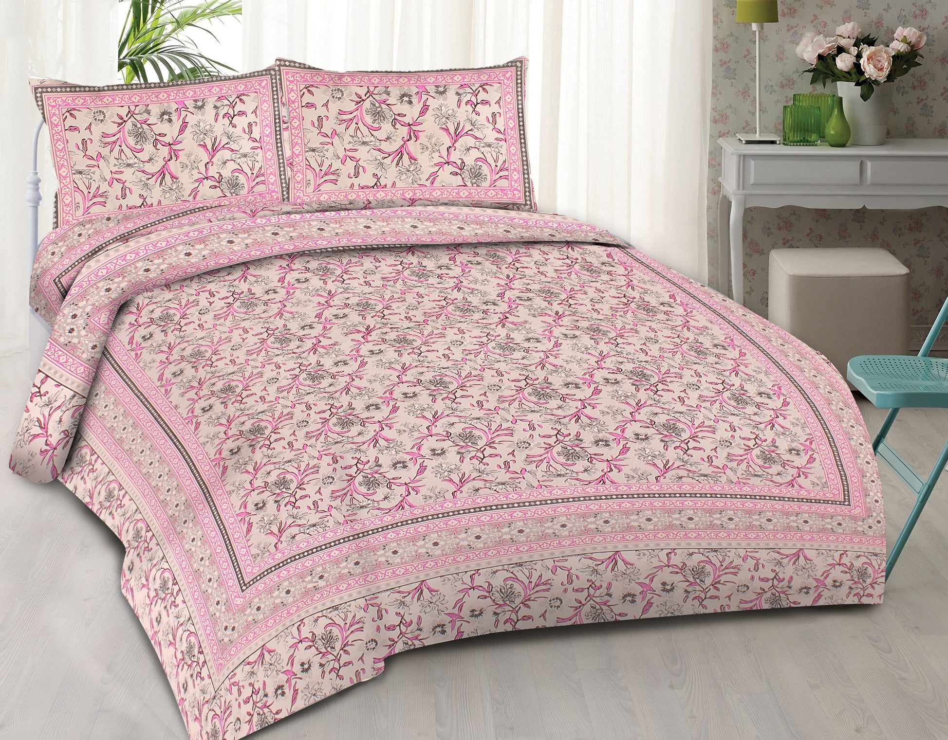 Rudra Bazaar Pink 210 TC Cotton Double King Bedsheet With 2 Pillow Covers - Distacart