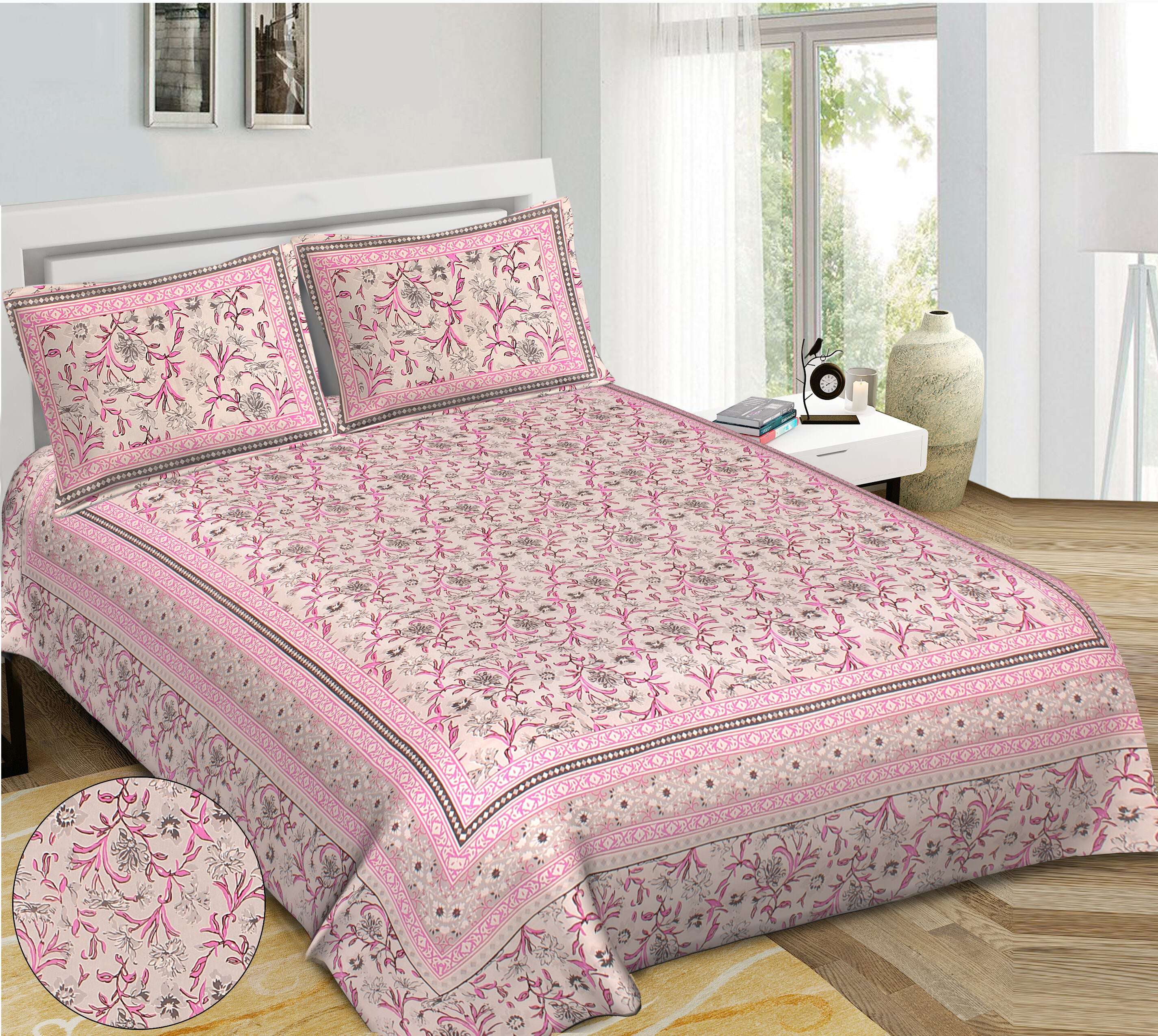 Rudra Bazaar Pink 210 TC Cotton Double King Bedsheet With 2 Pillow Covers - Distacart