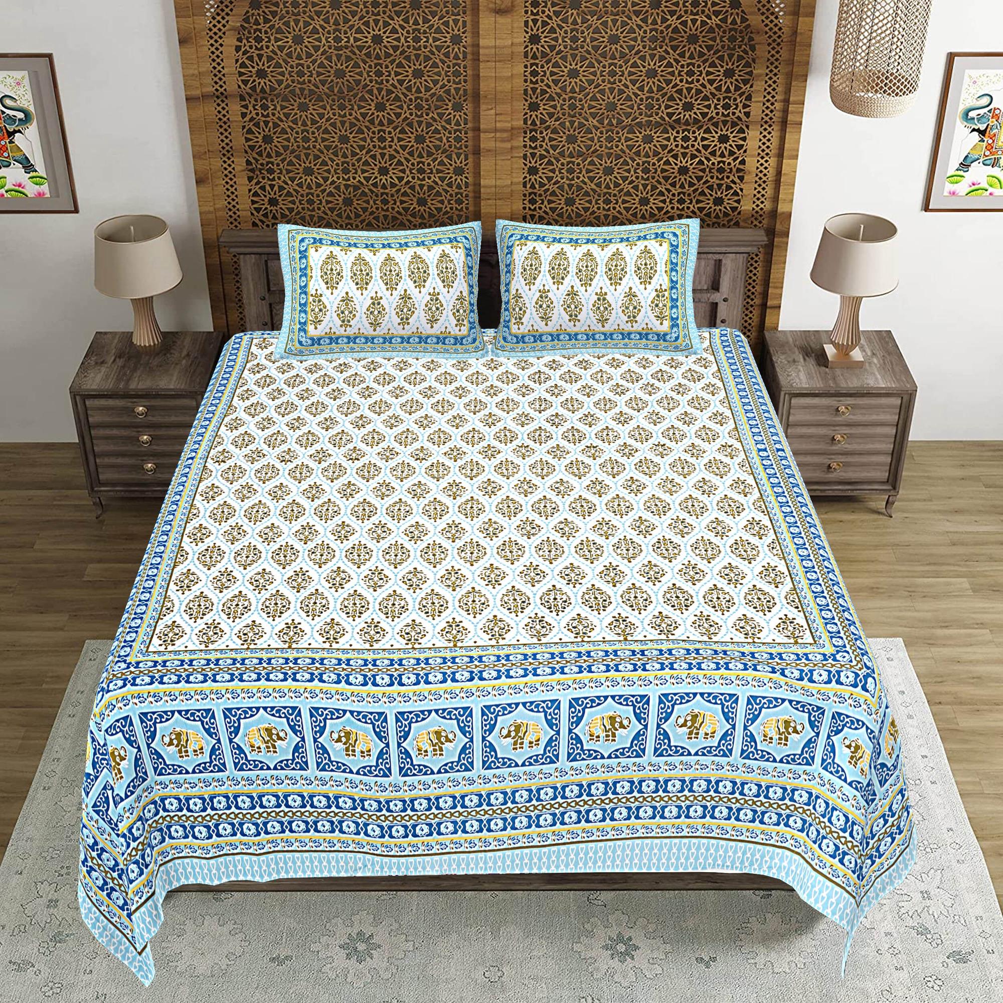 Rudra Bazaar Blue 210 TC Cotton Double King Bedsheet With 2 Pillow Covers - Distacart