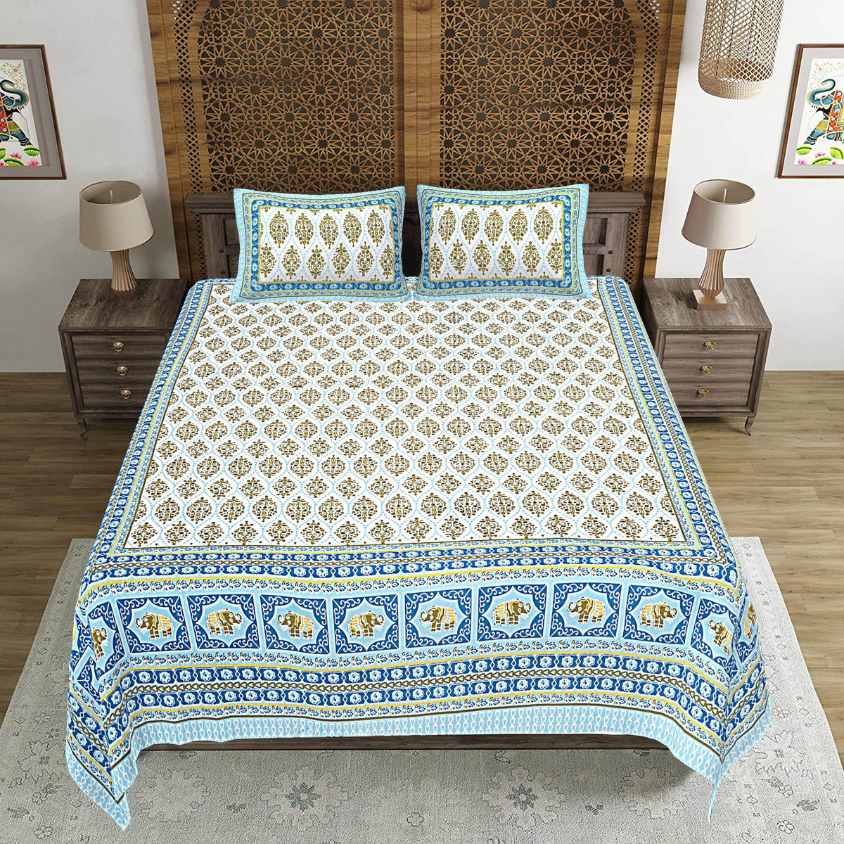 Rudra Bazaar Blue 210 TC Cotton Double King Bedsheet With 2 Pillow Covers - Distacart