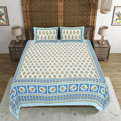 Rudra Bazaar Blue 210 TC Cotton Double King Bedsheet With 2 Pillow Covers - Distacart