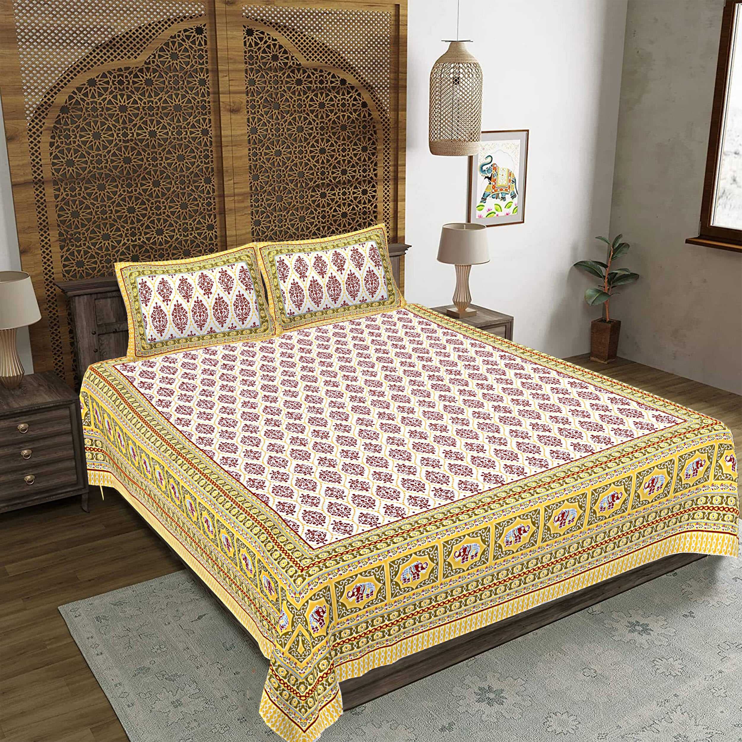 Rudra Bazaar Gold 210 TC Cotton Double King Bedsheet With 2 Pillow Covers - Distacart