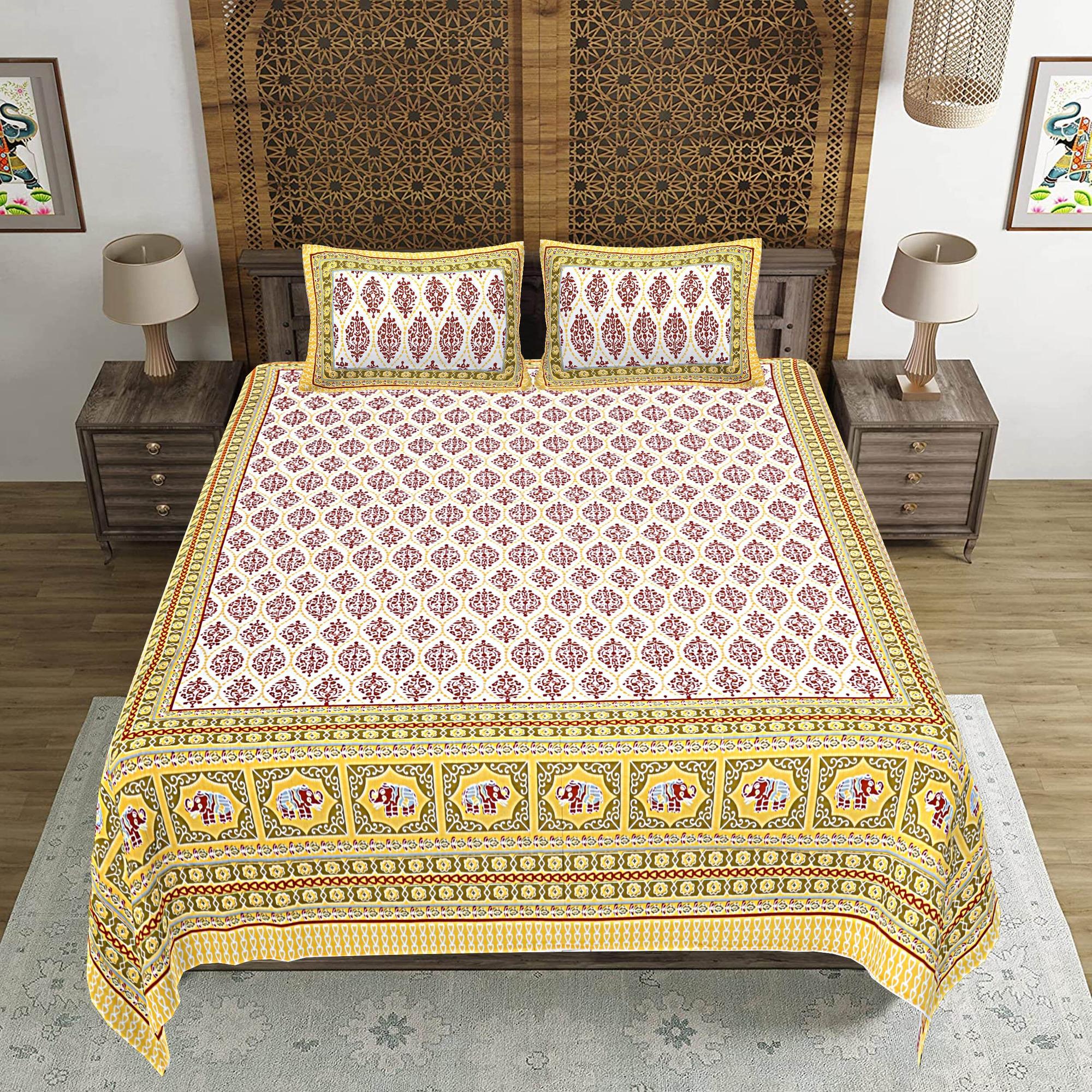 Rudra Bazaar Gold 210 TC Cotton Double King Bedsheet With 2 Pillow Covers - Distacart