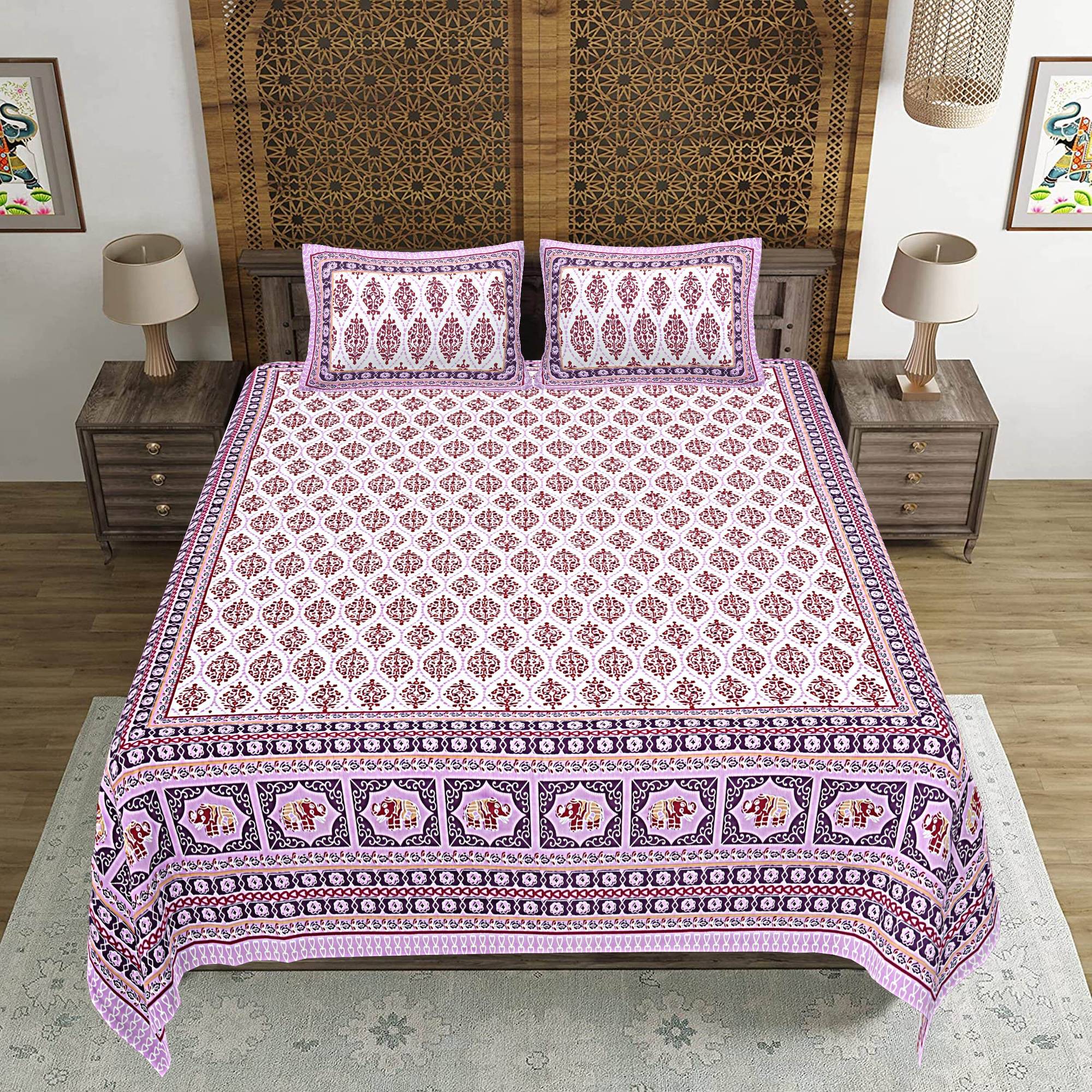 Rudra Bazaar Purple 210 TC Cotton Double King Bedsheet With 2 Pillow Covers - Distacart