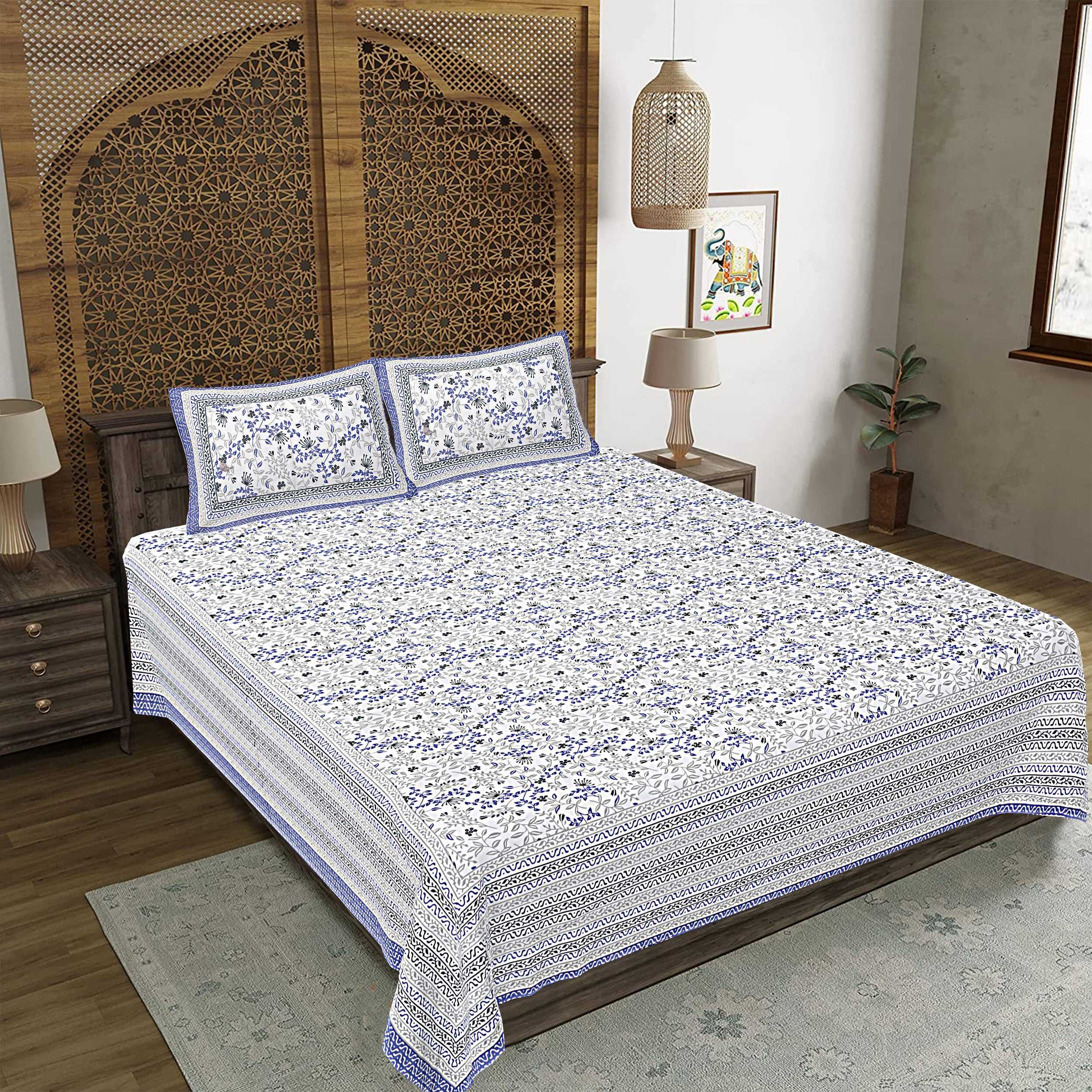 Rudra Bazaar Blue 210 TC Cotton Double King Bedsheet With 2 Pillow Covers - Distacart