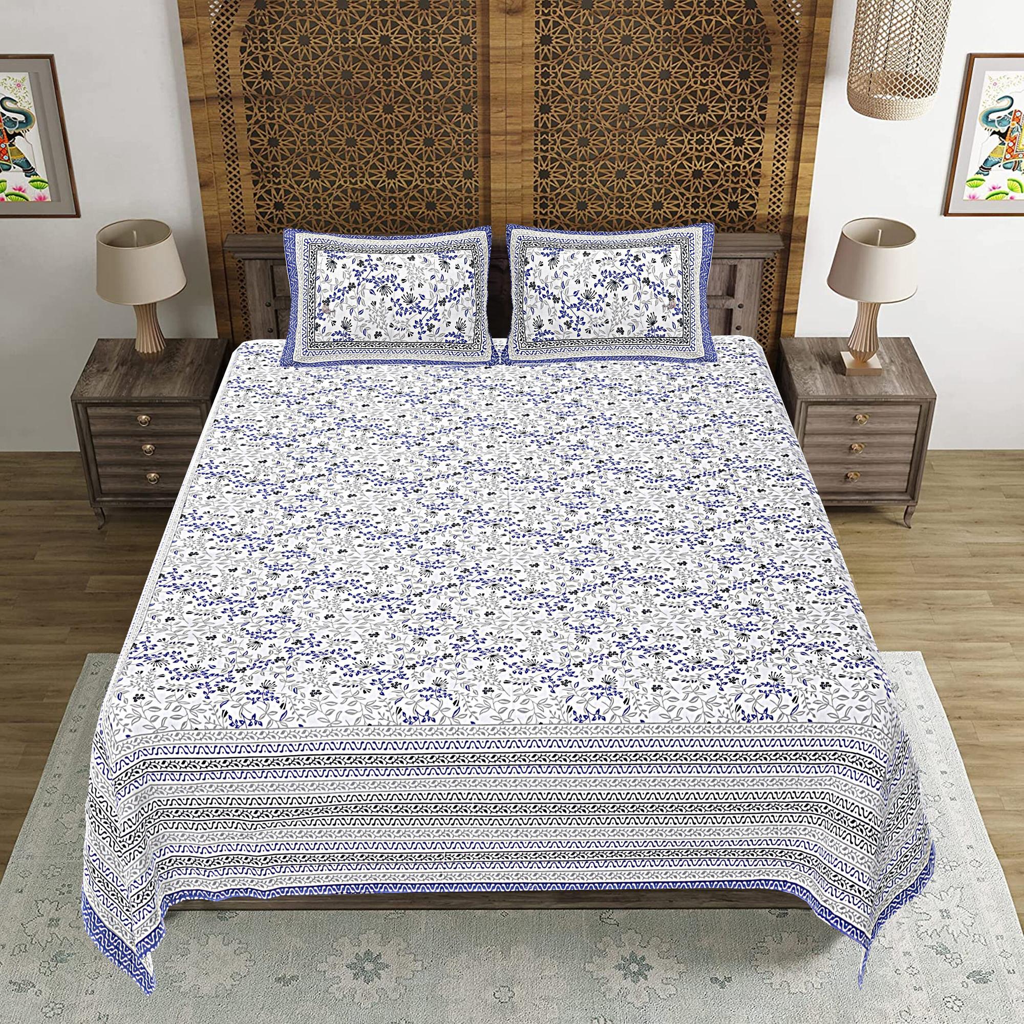 Rudra Bazaar Blue 210 TC Cotton Double King Bedsheet With 2 Pillow Covers - Distacart