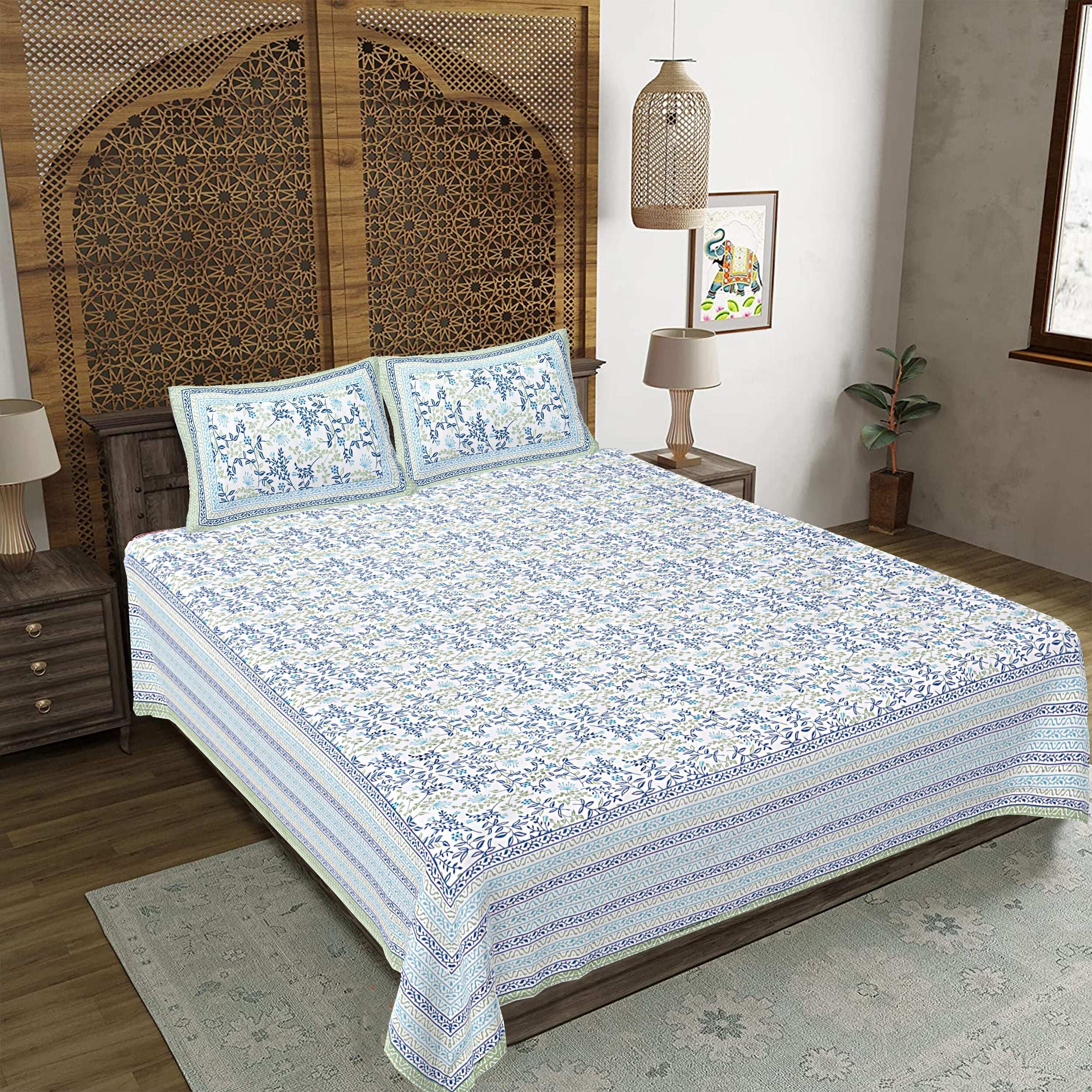 Rudra Bazaar Green 210 TC Cotton Double King Bedsheet With 2 Pillow Covers - Distacart