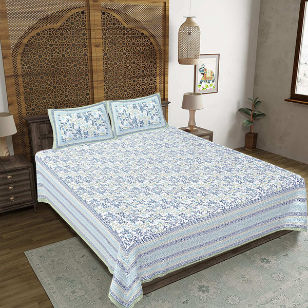 Rudra Bazaar Green 210 TC Cotton Double King Bedsheet With 2 Pillow Covers - Distacart