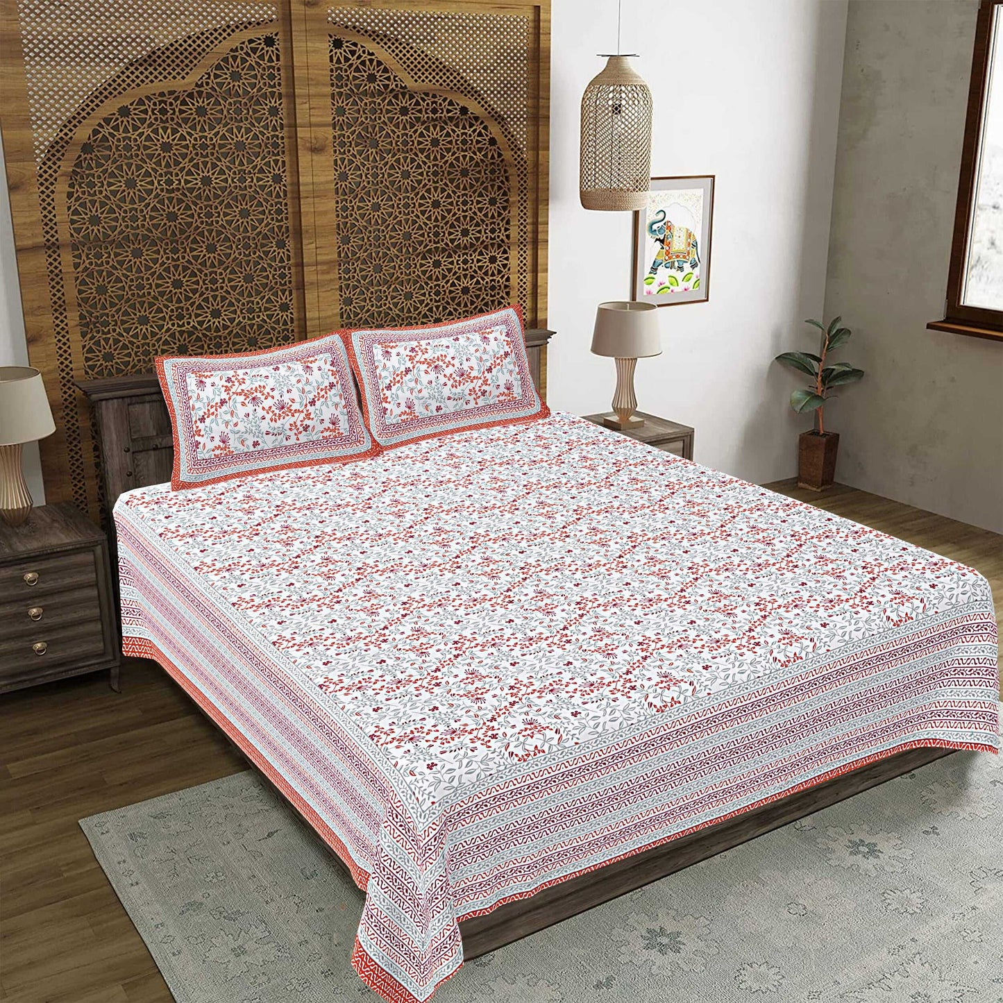 Rudra Bazaar Orange 210 TC Cotton Double King Bedsheet With 2 Pillow Covers - Distacart