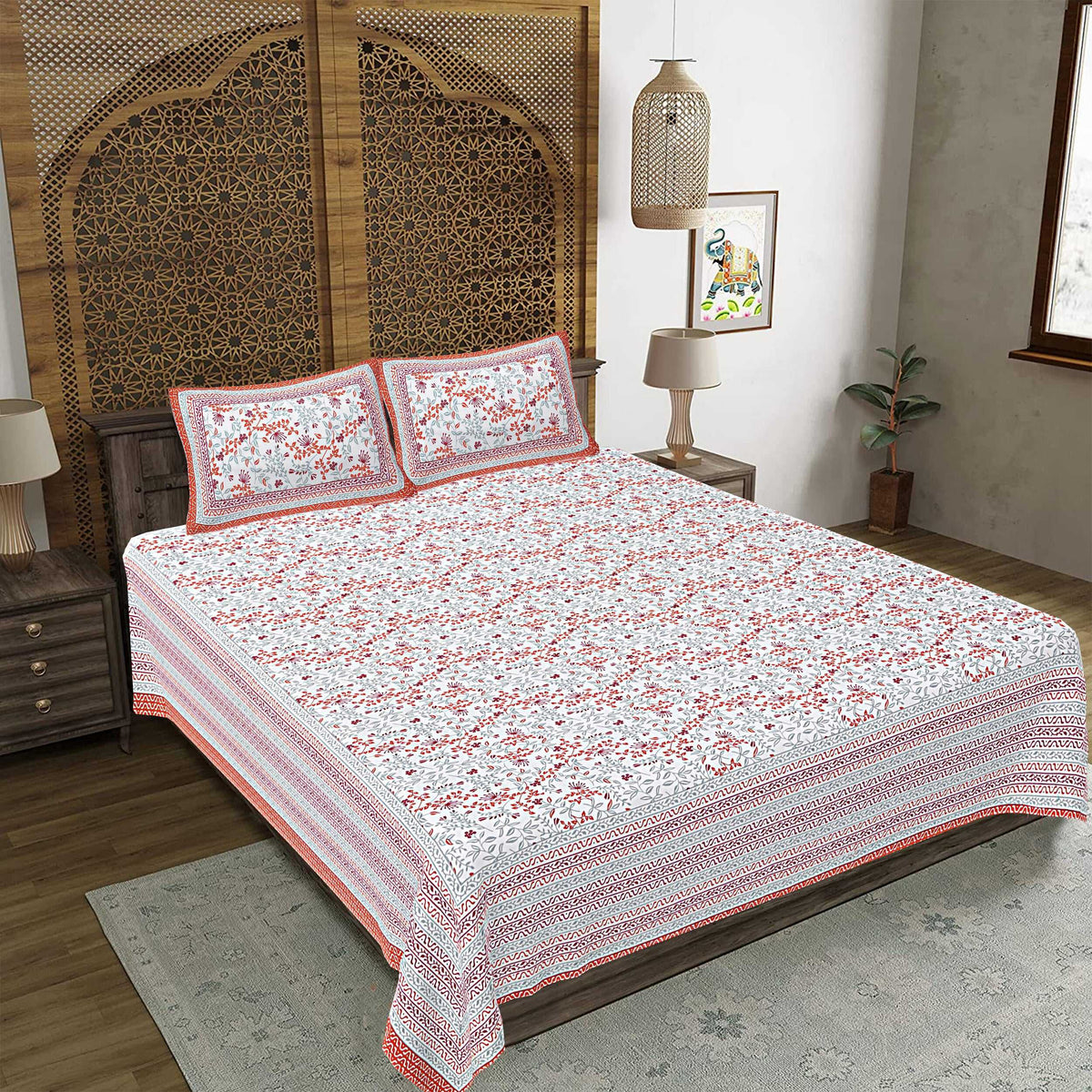 Rudra Bazaar Orange 210 TC Cotton Double King Bedsheet With 2 Pillow Covers - Distacart