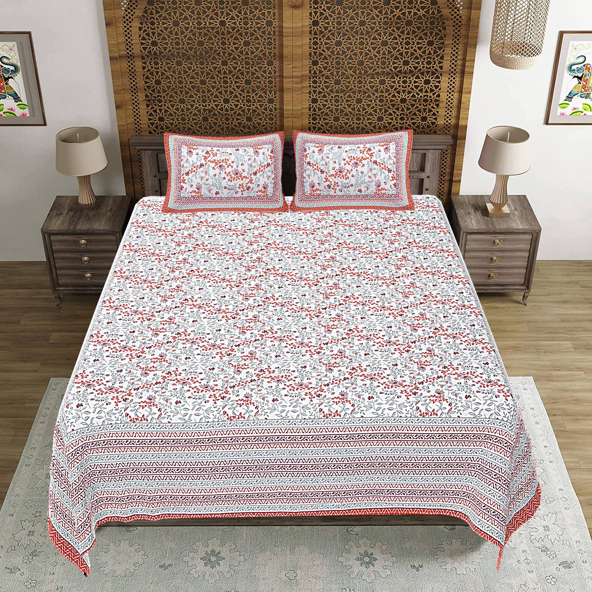 Rudra Bazaar Orange 210 TC Cotton Double King Bedsheet With 2 Pillow Covers - Distacart