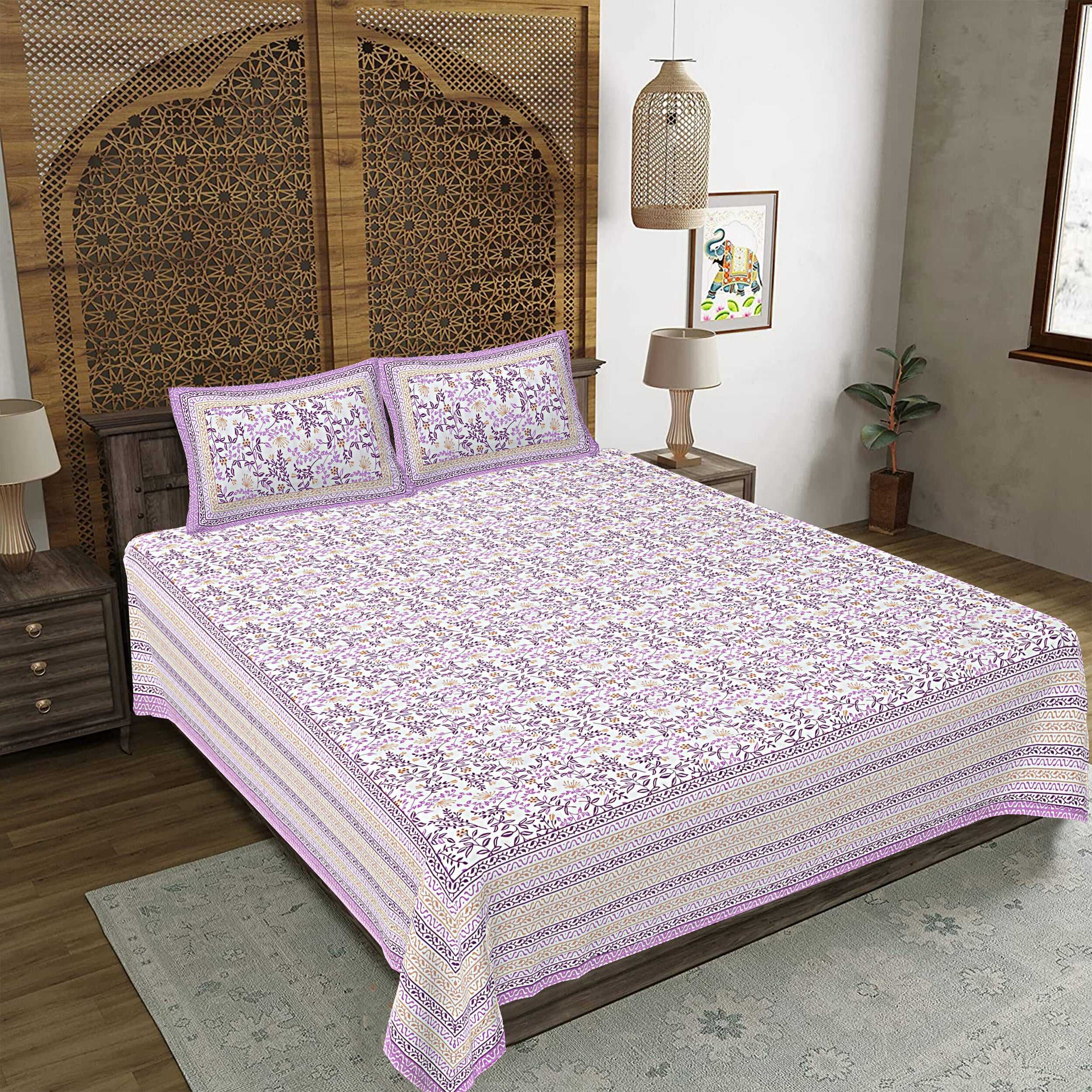 Rudra Bazaar Purple 210 TC Cotton Double King Bedsheet With 2 Pillow Covers - Distacart