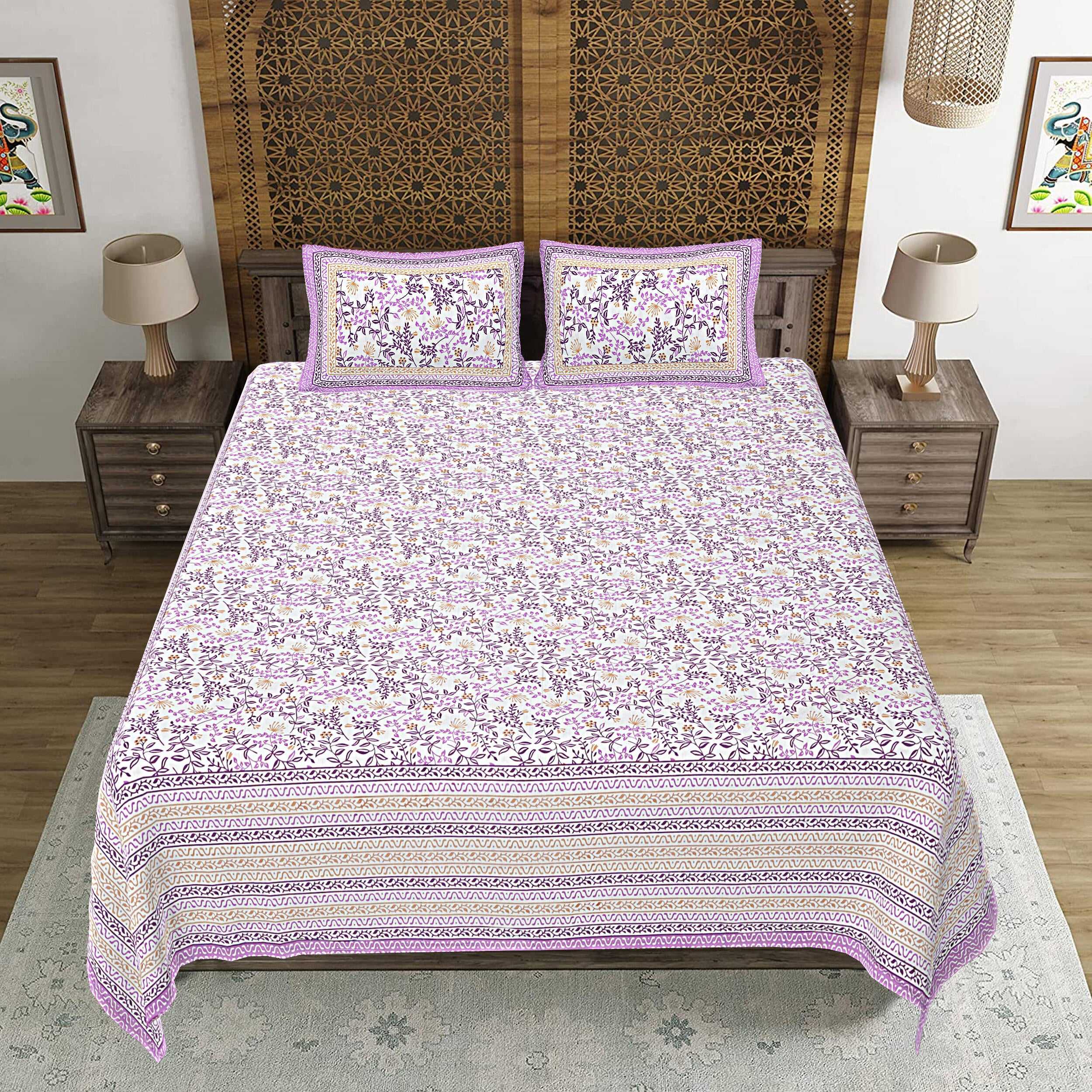 Rudra Bazaar Purple 210 TC Cotton Double King Bedsheet With 2 Pillow Covers - Distacart