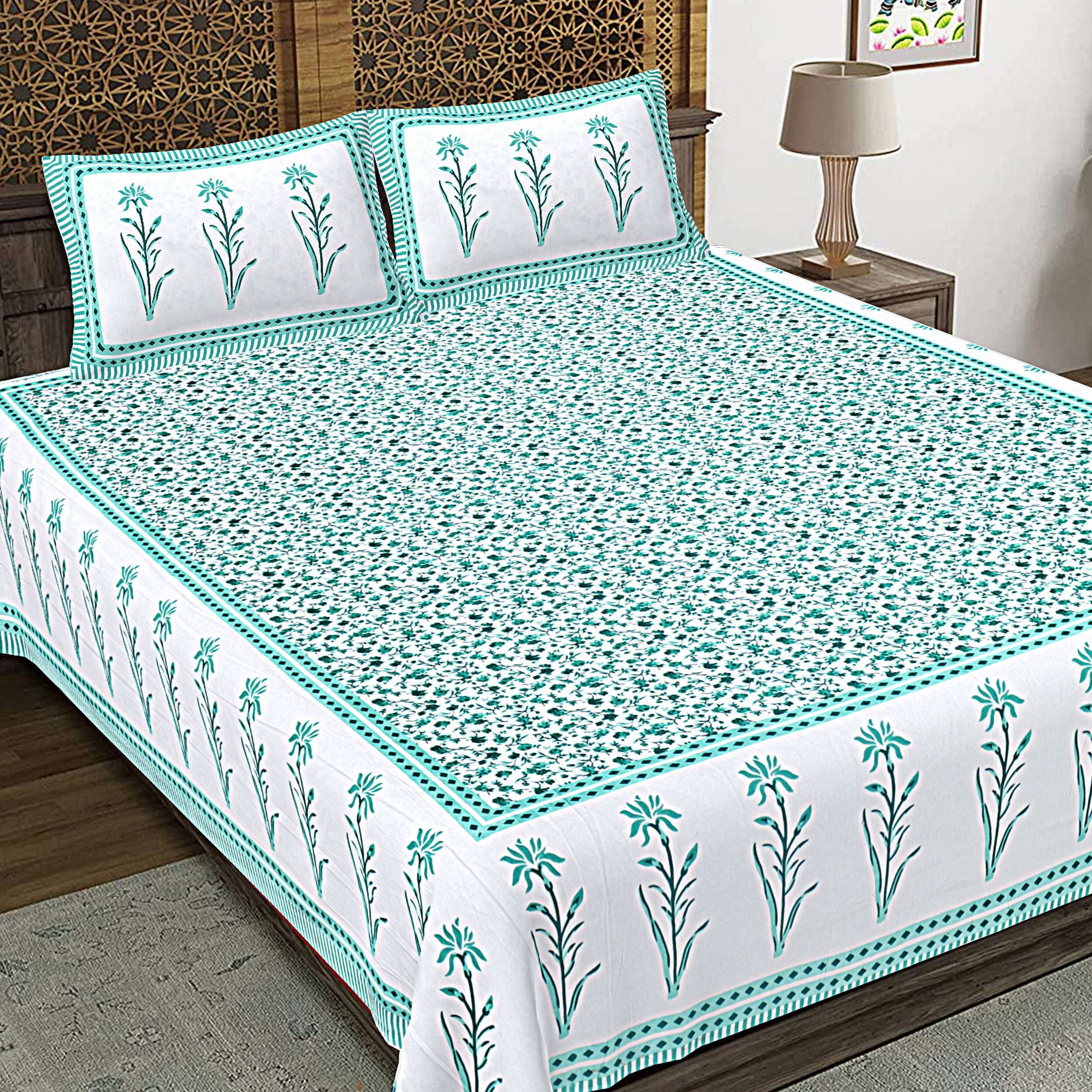 Rudra Bazaar Sea Green 210 TC Cotton Double King Bedsheet With 2 Pillow Covers - Distacart