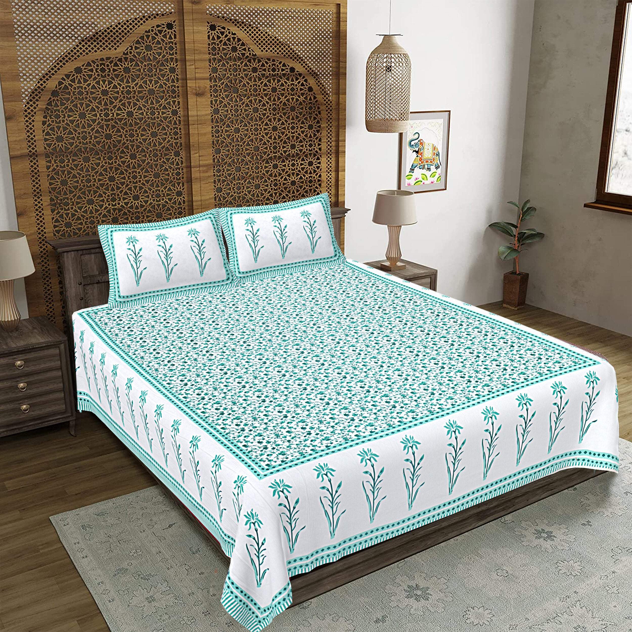 Rudra Bazaar Sea Green 210 TC Cotton Double King Bedsheet With 2 Pillow Covers - Distacart