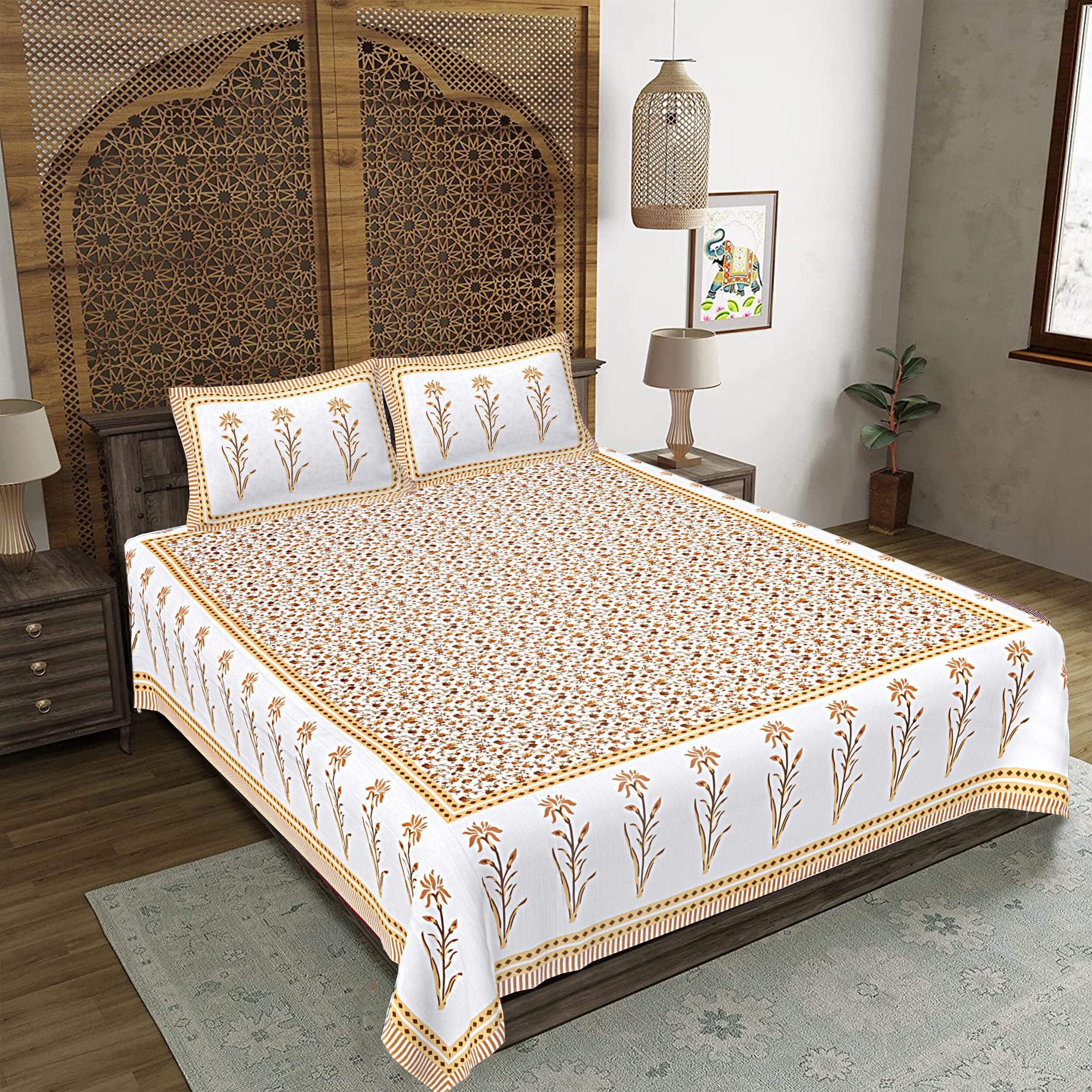 Rudra Bazaar Yellow 210 TC Cotton Double King Bedsheet With 2 Pillow Covers - Distacart