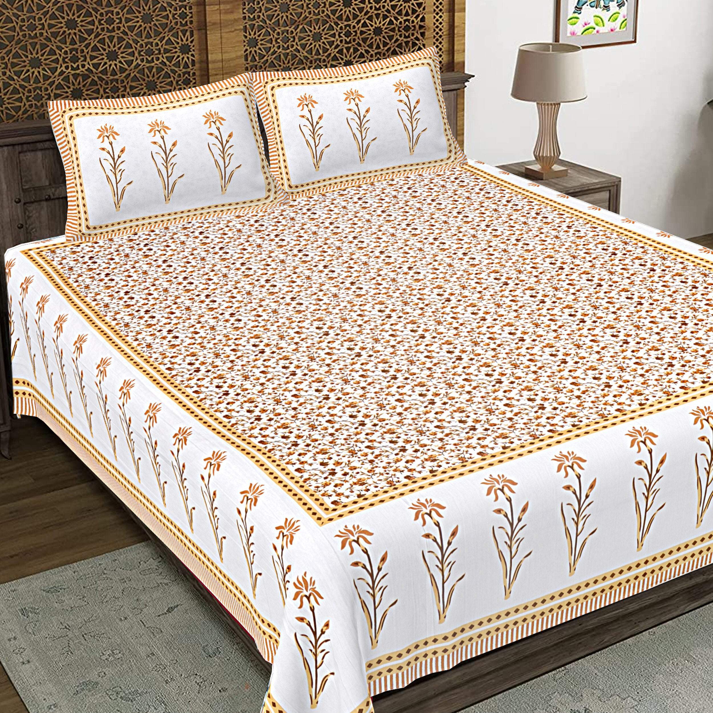 Rudra Bazaar Yellow 210 TC Cotton Double King Bedsheet With 2 Pillow Covers - Distacart