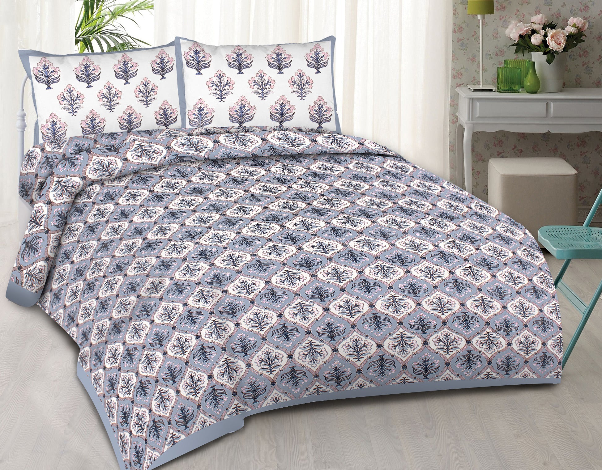 Rudra Bazaar Blue 210 TC Cotton Double King Bedsheet With 2 Pillow Covers - Distacart