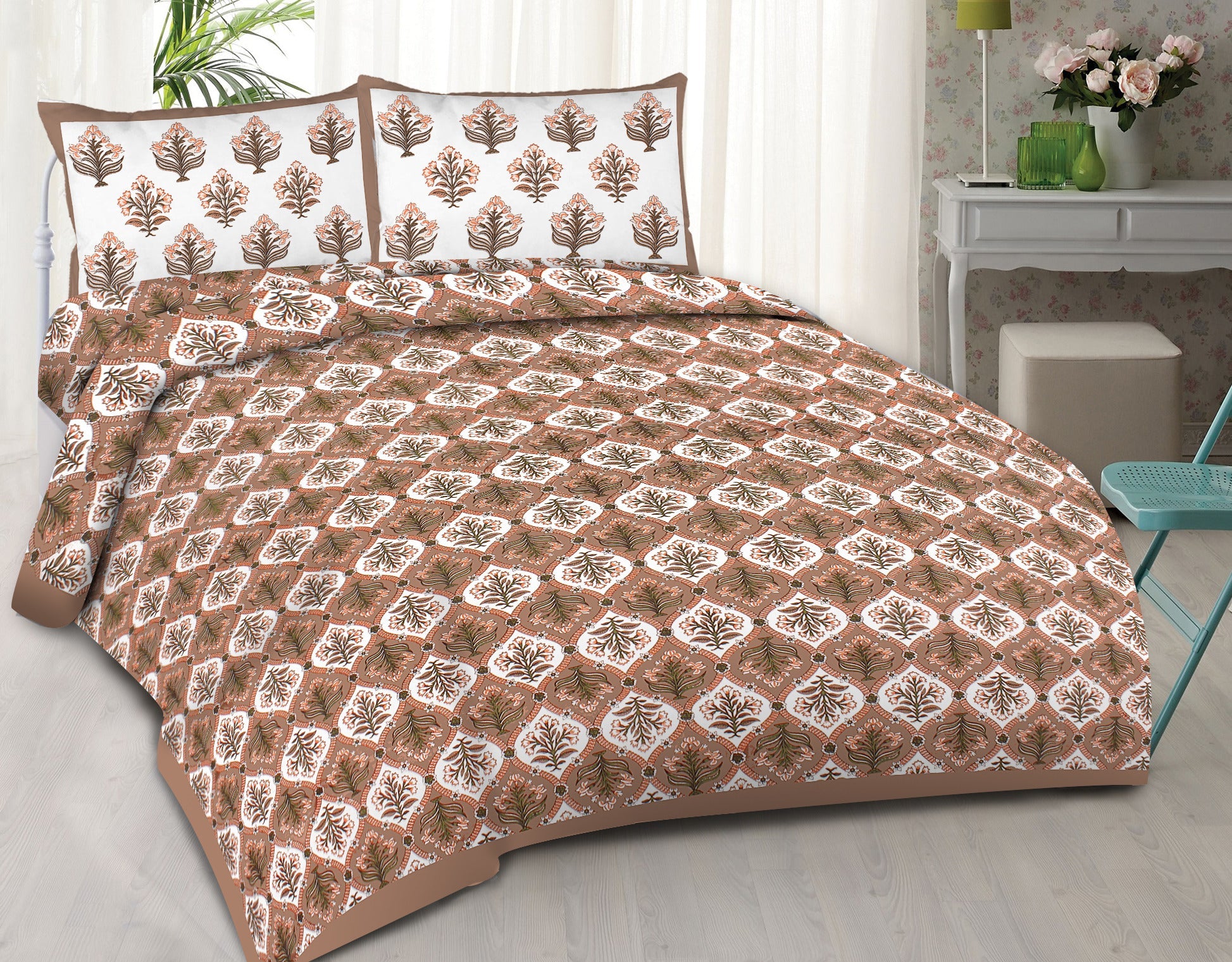 Rudra Bazaar Brown 210 TC Cotton Double King Bedsheet With 2 Pillow Covers - Distacart