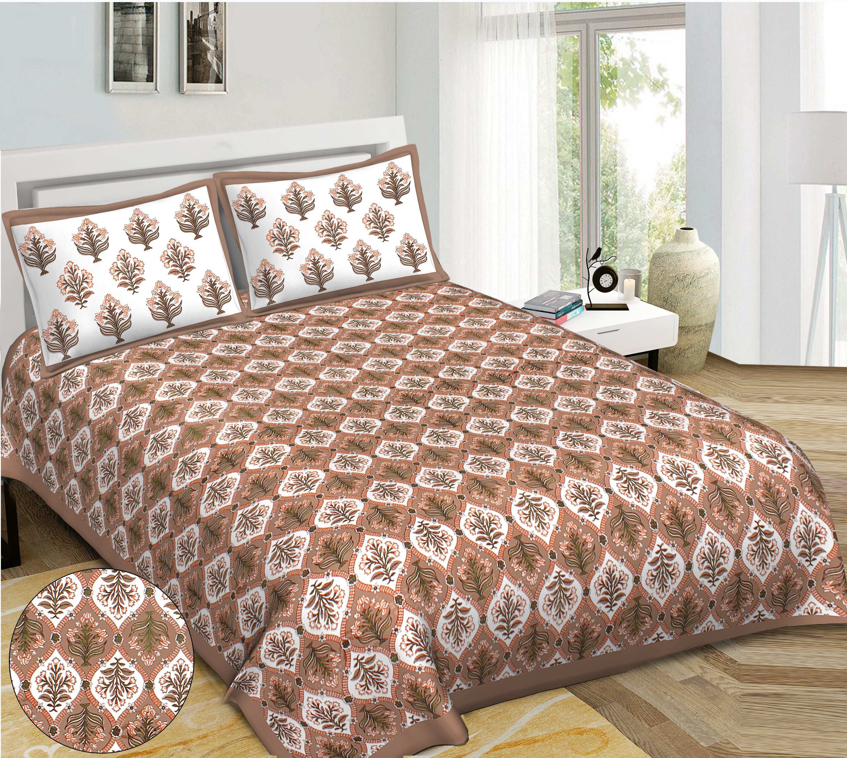 Rudra Bazaar Brown 210 TC Cotton Double King Bedsheet With 2 Pillow Covers - Distacart