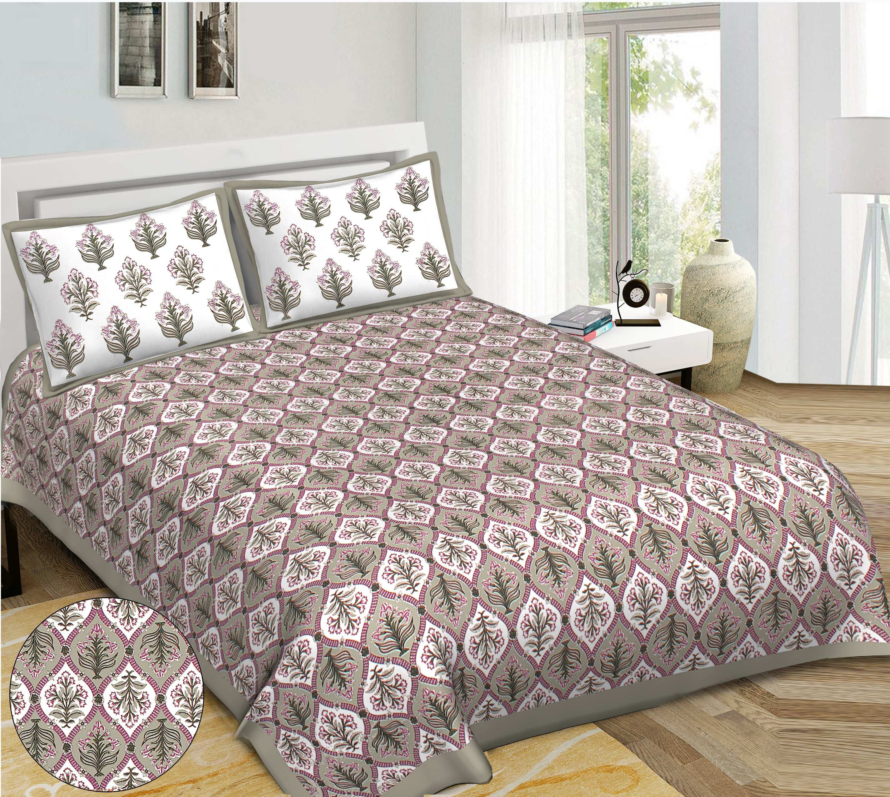 Rudra Bazaar Grey 210 TC Cotton Double King Bedsheet With 2 Pillow Covers - Distacart