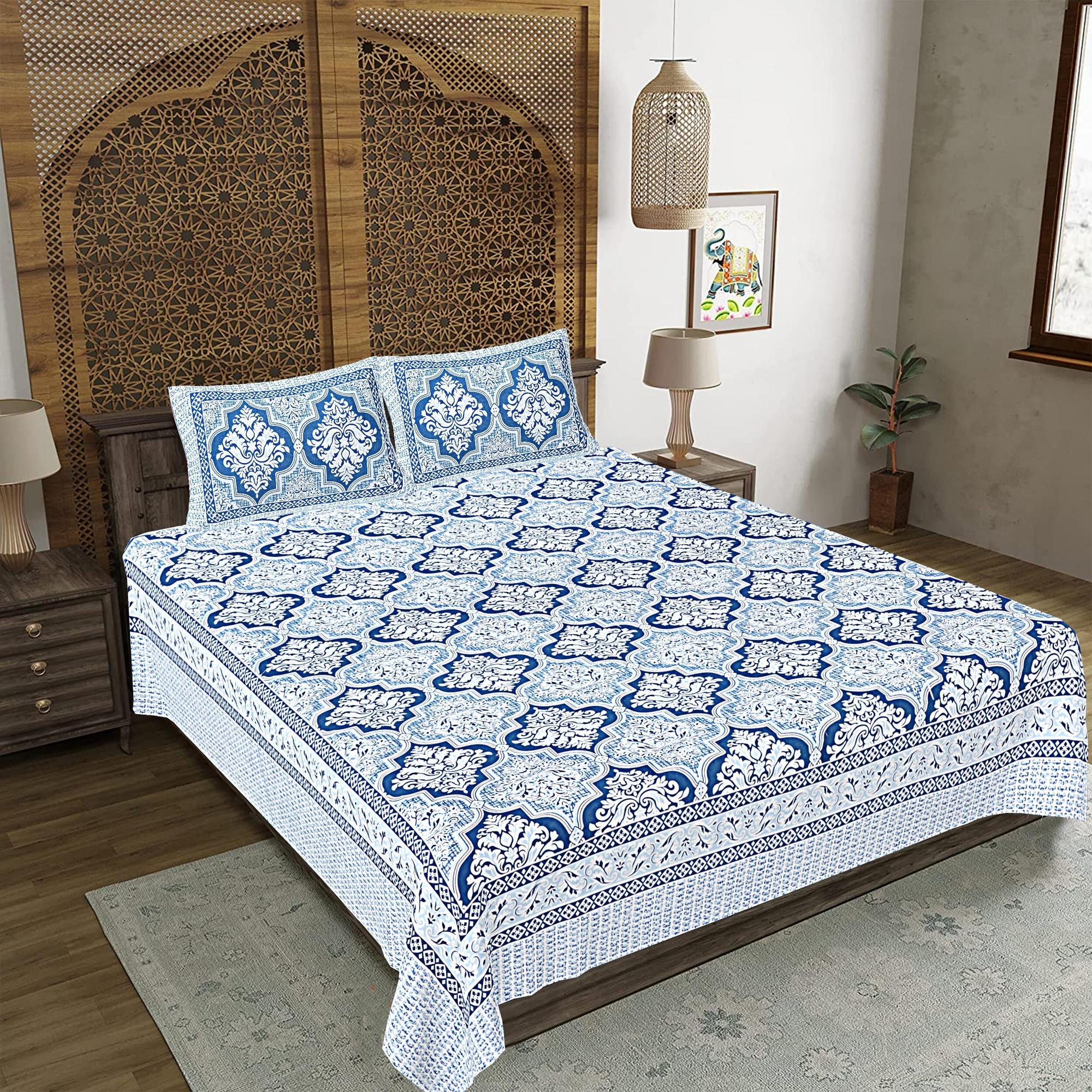Rudra Bazaar Blue 210 TC Cotton Double King Bedsheet With 2 Pillow Covers - Distacart