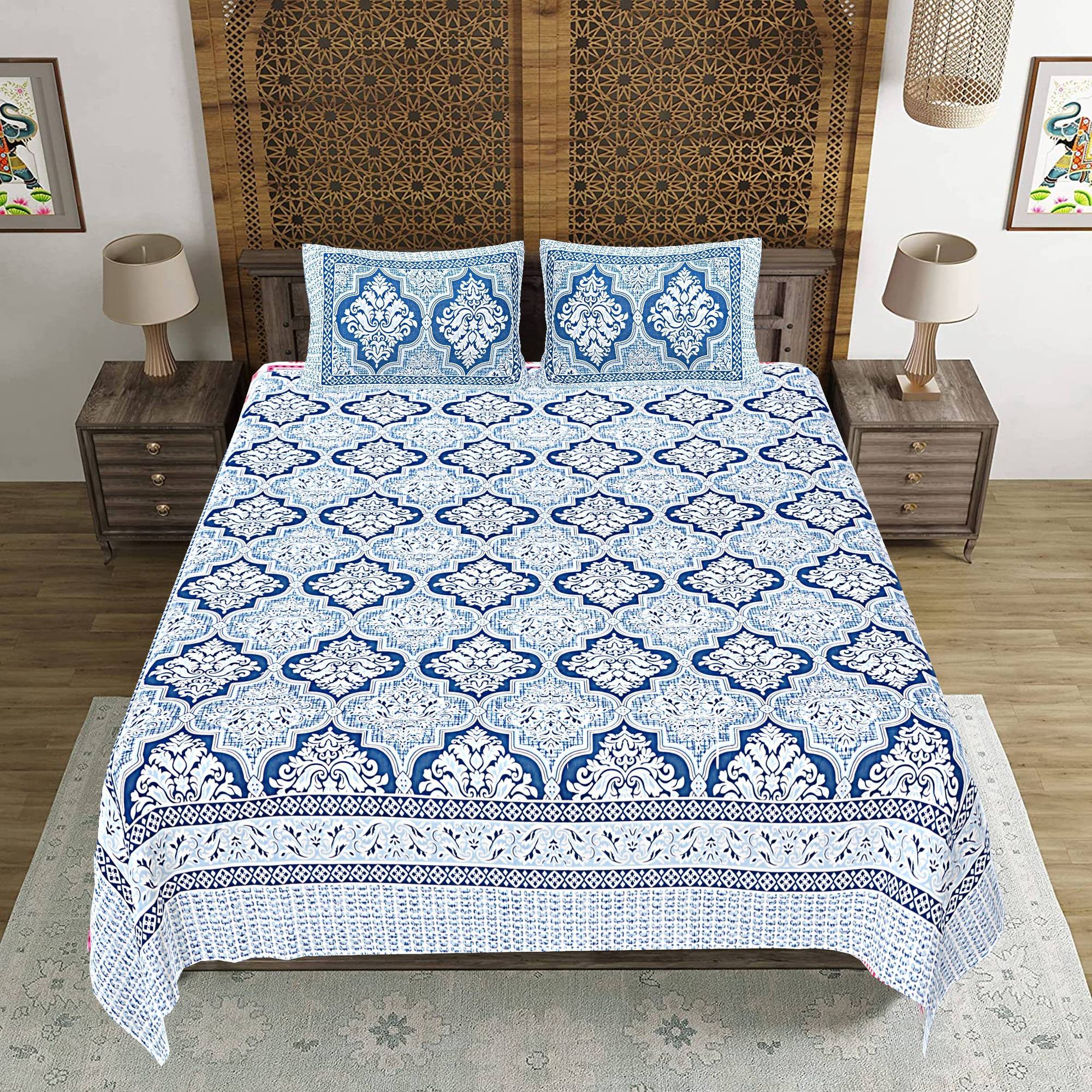 Rudra Bazaar Blue 210 TC Cotton Double King Bedsheet With 2 Pillow Covers - Distacart