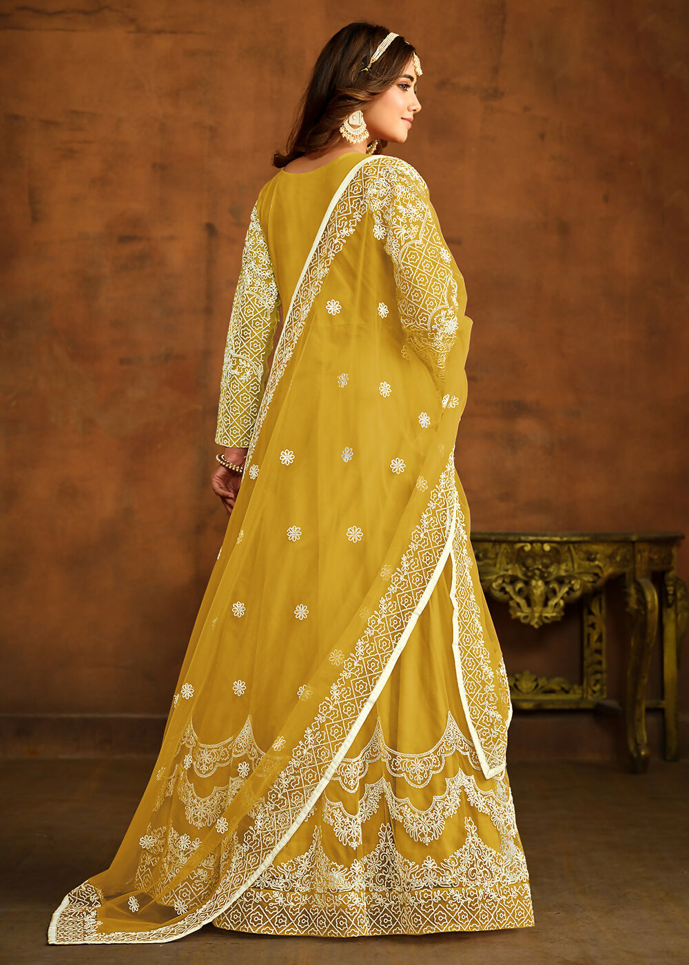 Yellow All Over Embroidered Net Wedding Anarkali Suit - Emponline - Distacart