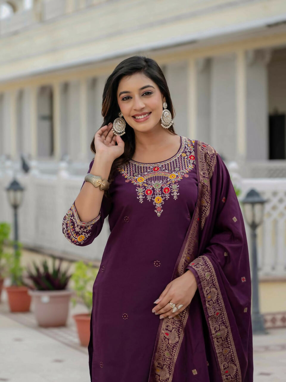 Preksha Creation Wedding Special Premium Roman Silk Coding Embroidery With Sequins Work Kurti Dupatta With Pant