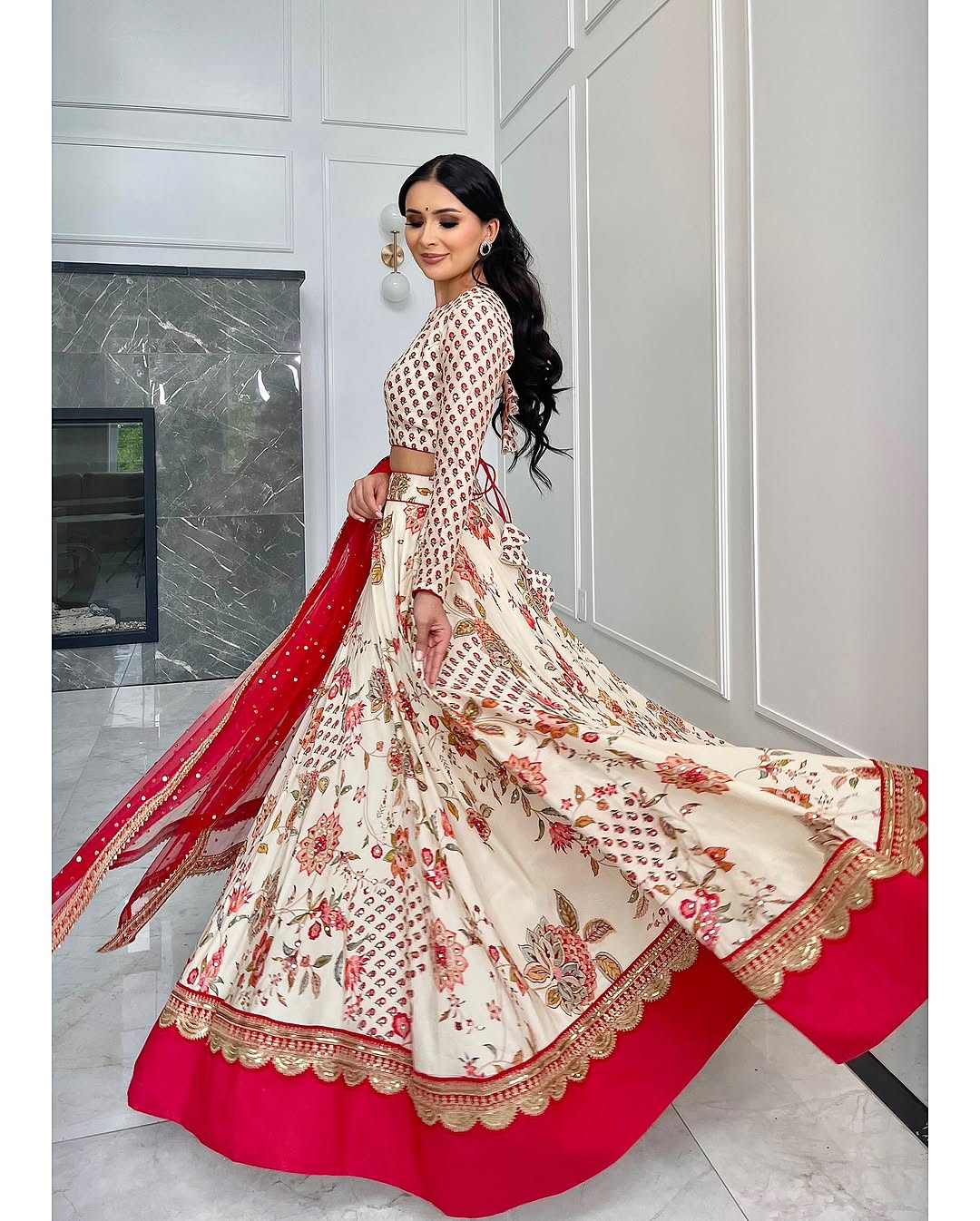 Teeya Creation Cream Colour Georgette Fabric Digital Print With Embroidery Work Lehenga Choli