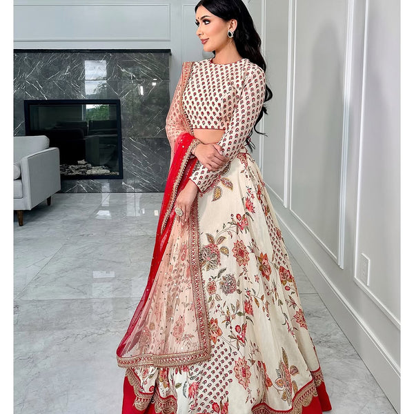 Teeya Creation Cream Colour Georgette Fabric Digital Print With Embroidery Work Lehenga Choli - Distacart