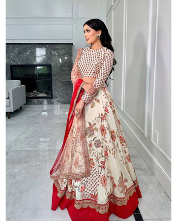 Teeya Creation Cream Colour Georgette Fabric Digital Print With Embroidery Work Lehenga Choli - Distacart