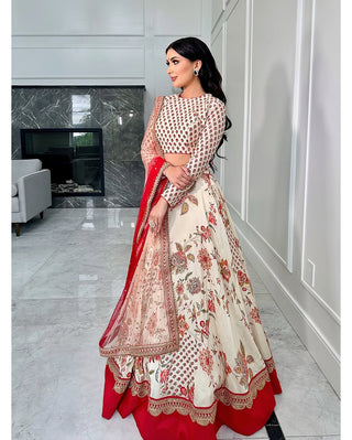 Teeya Creation Cream Colour Georgette Fabric Digital Print With Embroidery Work Lehenga Choli