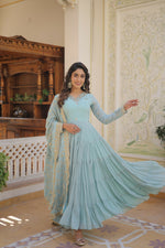Thumbnail for Joban Fashion Sky Blue Georgette Sequence Embroidery Work Kurta Set