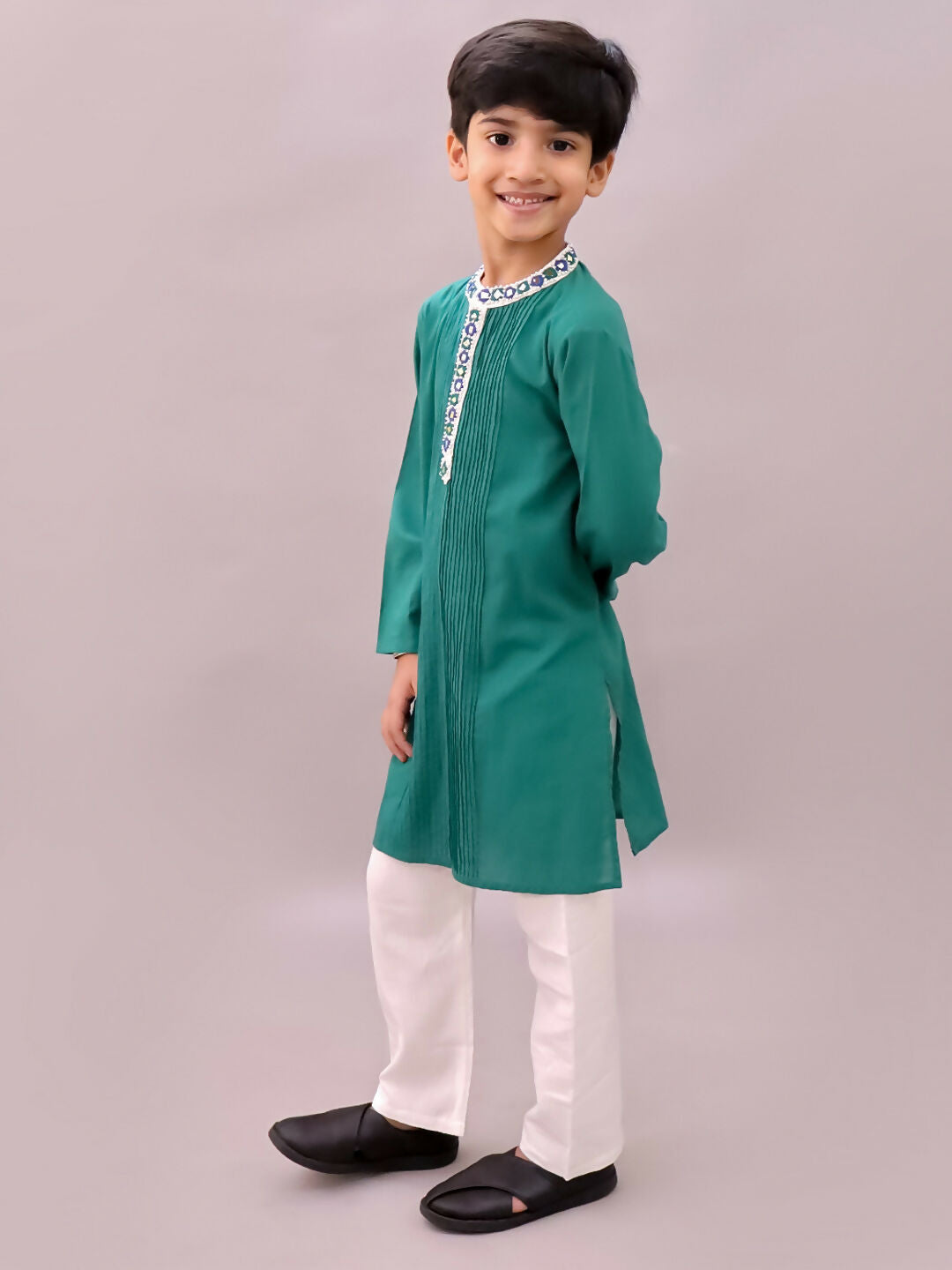 Lil Drama Shor-Gul Green Kurta Pyjama Set For Boys
