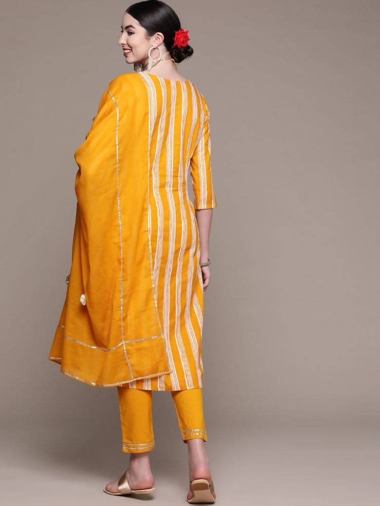 Anubhutee Yellow Ethnic Motifs Striped Thread Work Pure Cotton Kurta with Palazzos & With Dupatta - Distacart