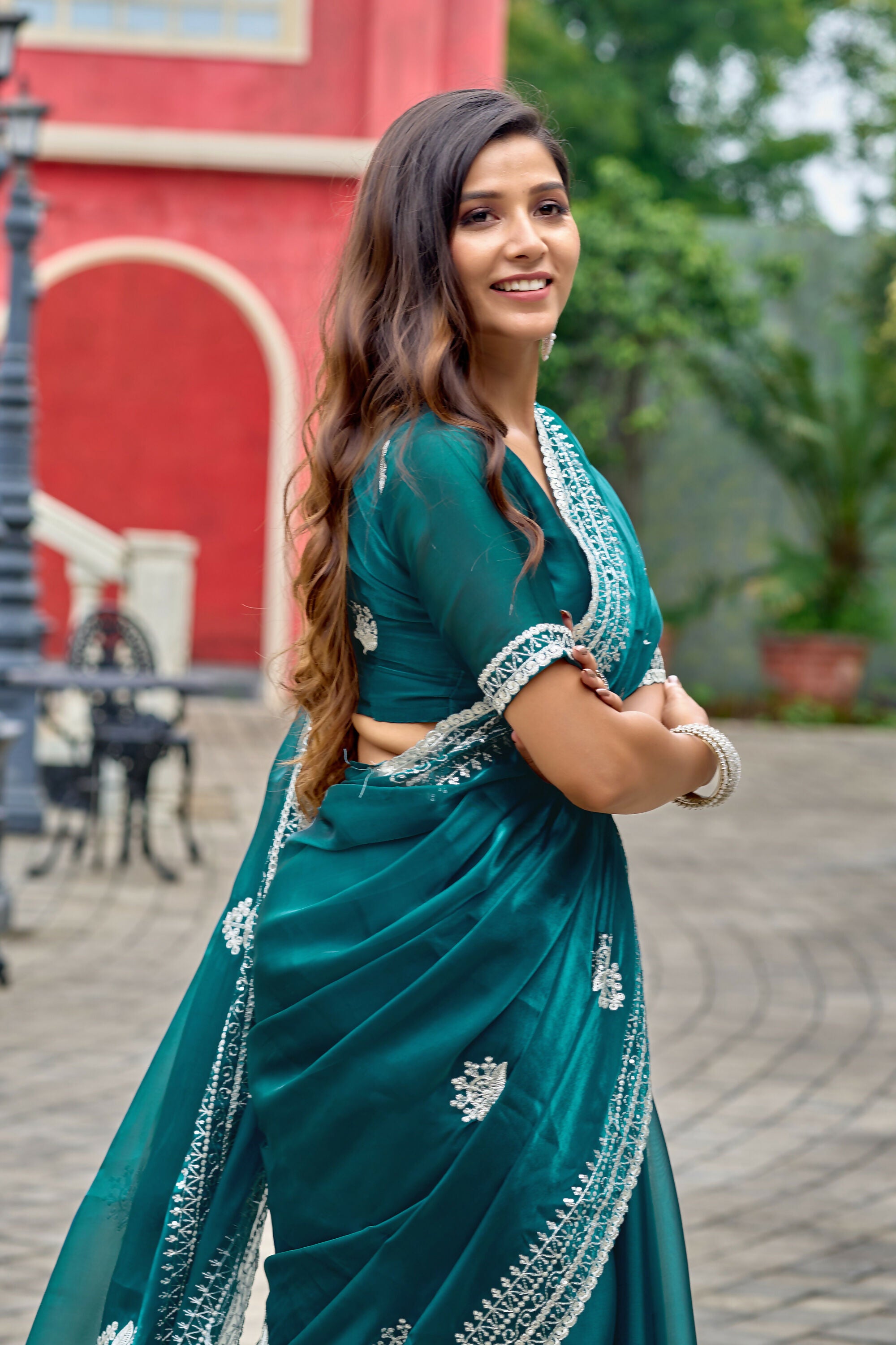 Vastranavya Rama Embroidery Work Shimmer Chiffon Saree with Unstitched Blouse