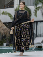 Thumbnail for The52 Black Women's Gorgeous Printed Muslin Fabric Flared Kurta Pant and Dupatta Set - Distacart