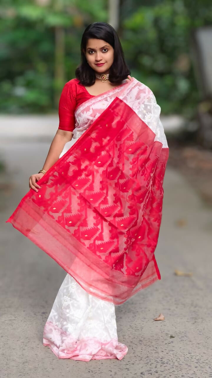 Exclusive Collection White Red White Red Jamdani Saree - Distacart