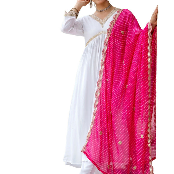 The52 White Women's Gorgeous Embroidered Chanderi Fabric Straight Kurta, Pant and Dupatta Set - Distacart