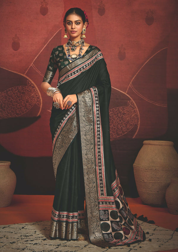 Joban Fashion Green Art Silk With Fine Viscose Border Ajrak Full Body Print With Soft Finish Saree