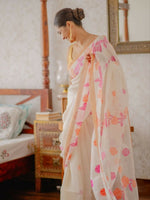 Thumbnail for Prime Volt Women's Off-White Floral Digital Print Soft Linen Saree With Blouse - Distacart