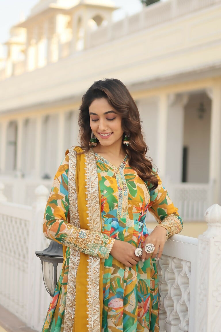 Jyoti Fashion Women's Green Russian Silk Sequins Zari Embroideredy Anarkali Dress with Dupatta - Distacart