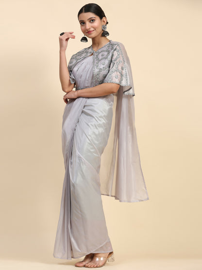 Grey Satin Solid Ready to wear Saree with stitched Blouse - Vanita - Distacart