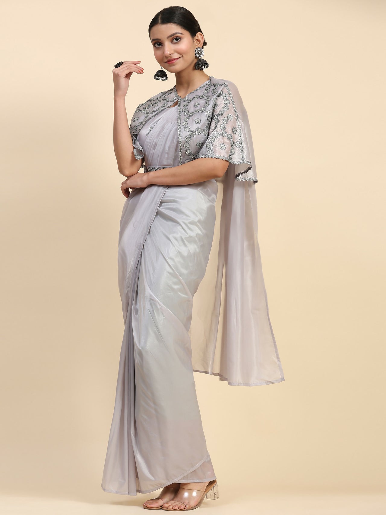 Grey Satin Solid Ready to wear Saree with stitched Blouse - Vanita - Distacart