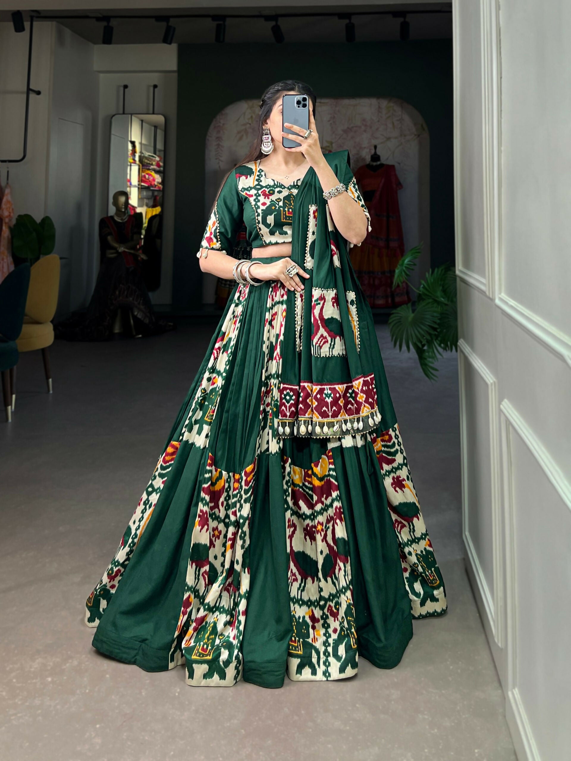 Vastranavya Navaratri Special Rayon with Printed Silk Lehenga with Stitched Choli - Green - Distacart