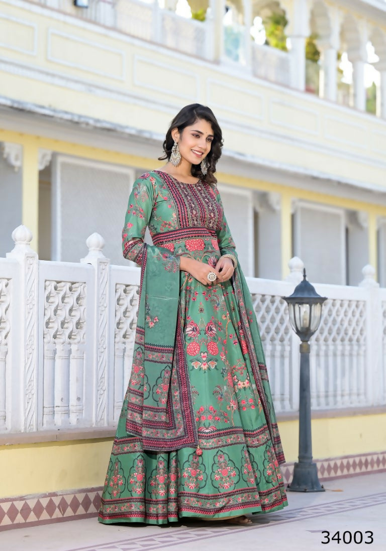 Partywear Designer parrot Dola Silk Anarkali suit with Dupatta - Suzen - Distacart