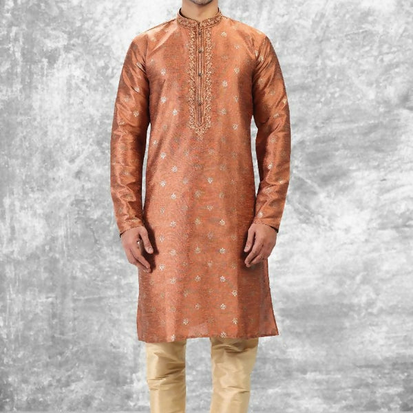 Raivat Ethnic Jacquard Silk Brocade Thread Work Kurta Pajama In Rust Brown Colour - Distacart