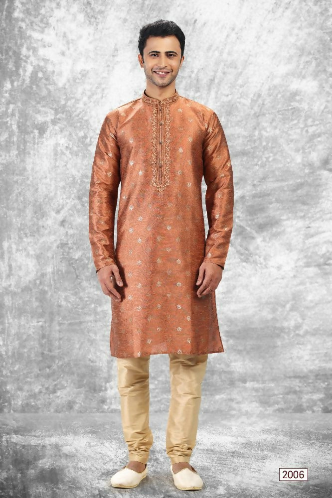 Raivat Ethnic Jacquard Silk Brocade Thread Work Kurta Pajama In Rust Brown Colour - Distacart