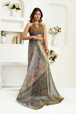 Thumbnail for Joban Fashion Dusty Green Floral & Ethnic Motifs Linen Ready To Wear Saree With Unstitched Blouse - Distacart